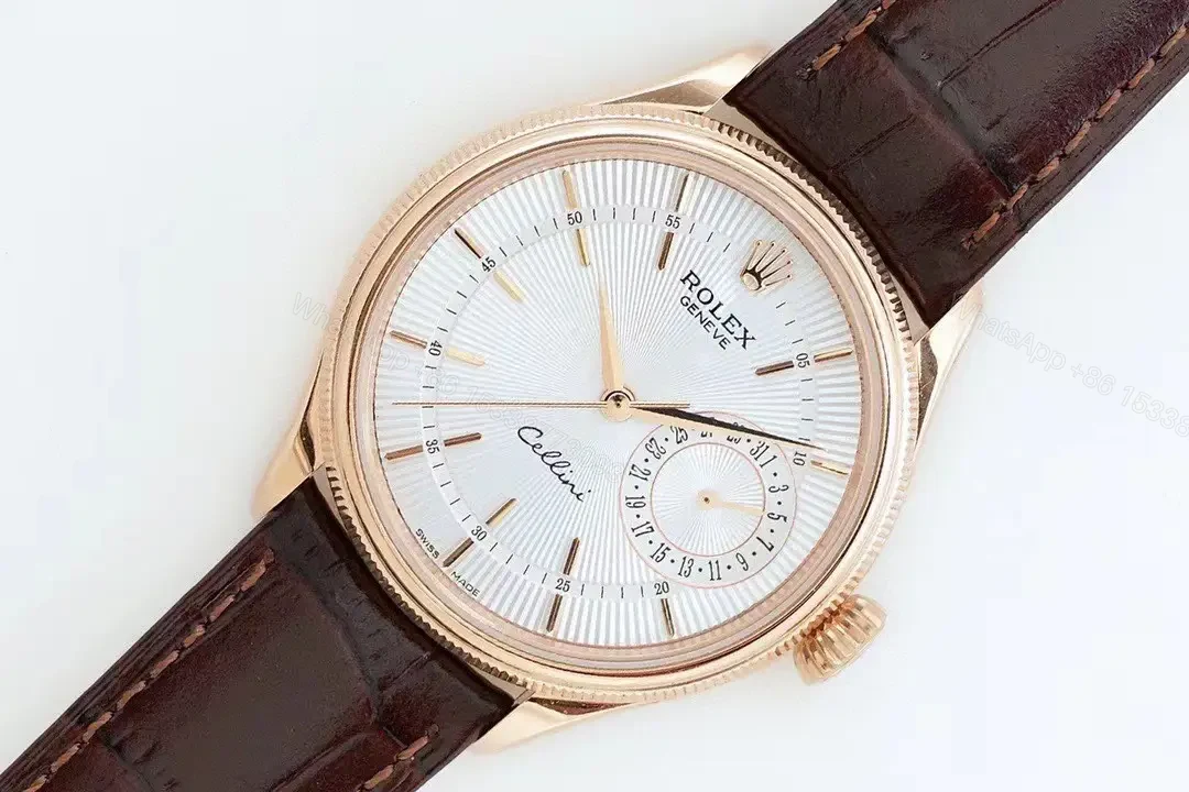 View 4 of Best Rolex Cellini Calendar 50529 replica 39MM White Dial Brown Leather Strap Edition RG-CELLINI-CALENDAR-50529-WHITE-LEATHER