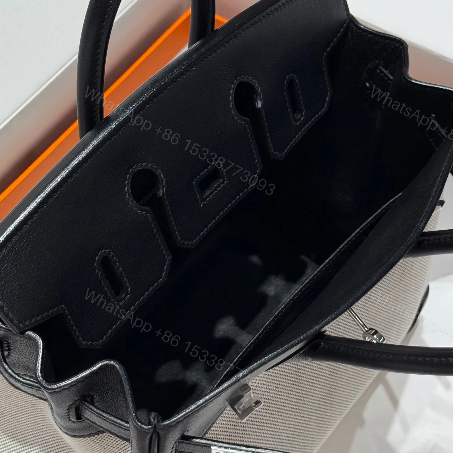 View 6 of HERMES BIRKIN 25CM IN BLACK SWIFT WHITE TOILE CANVAS (CUSTOM-MADE)