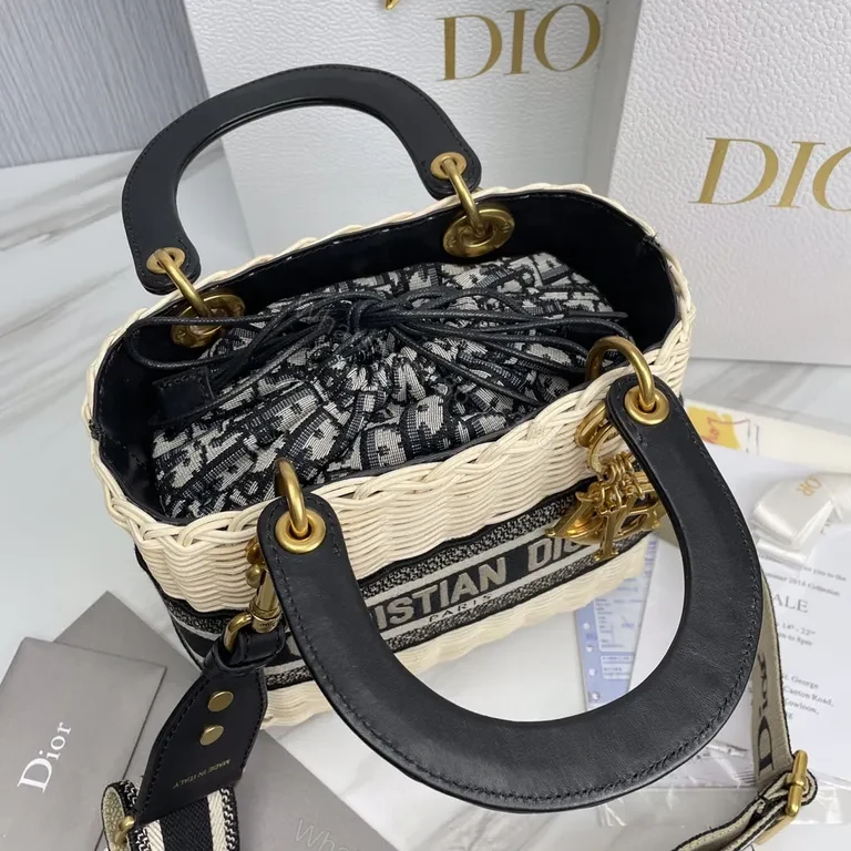 View 6 of Dior Structured Straw Handbag with Leather Trim & Logo Band