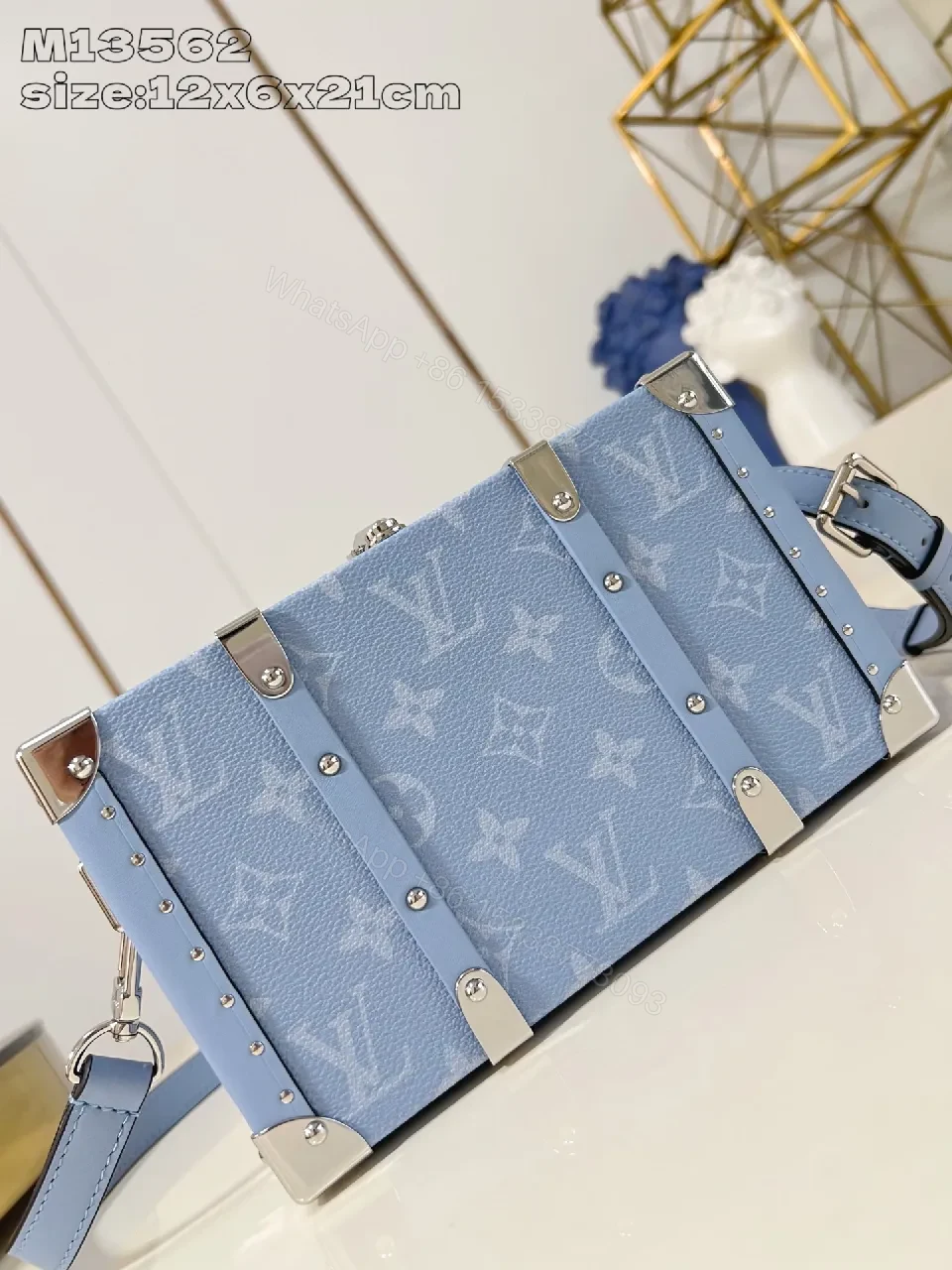 View 3 of Pastel Blue Monogram Satchel: Modern Structured Luxury Bag