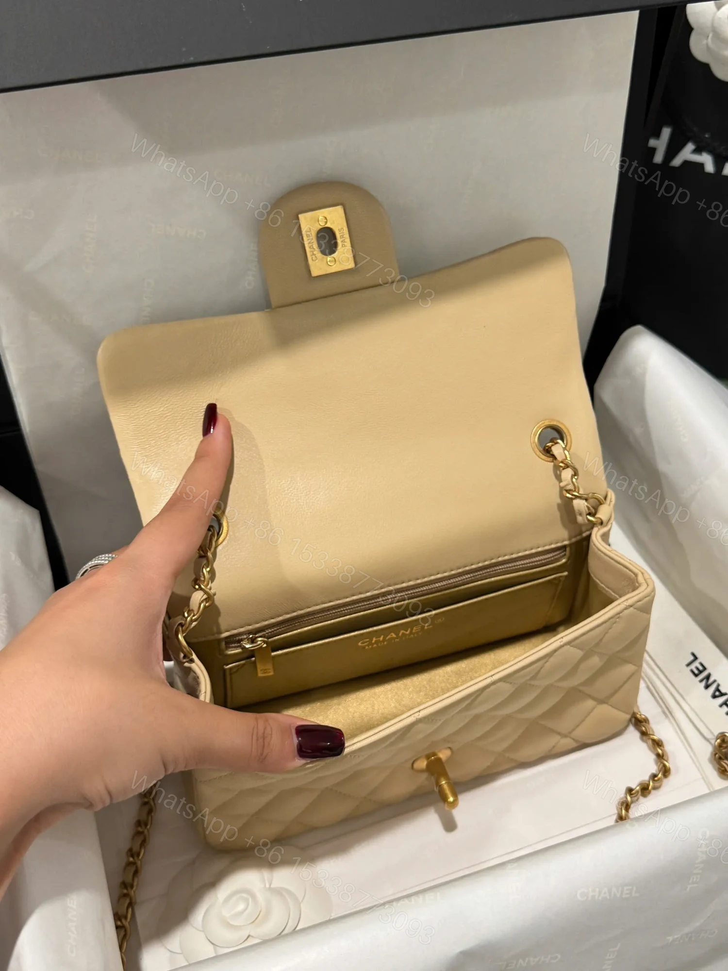 View 2 of Chanel Classic Bell Bag 11 Handbags Beige Leather Lock Gold 20cm