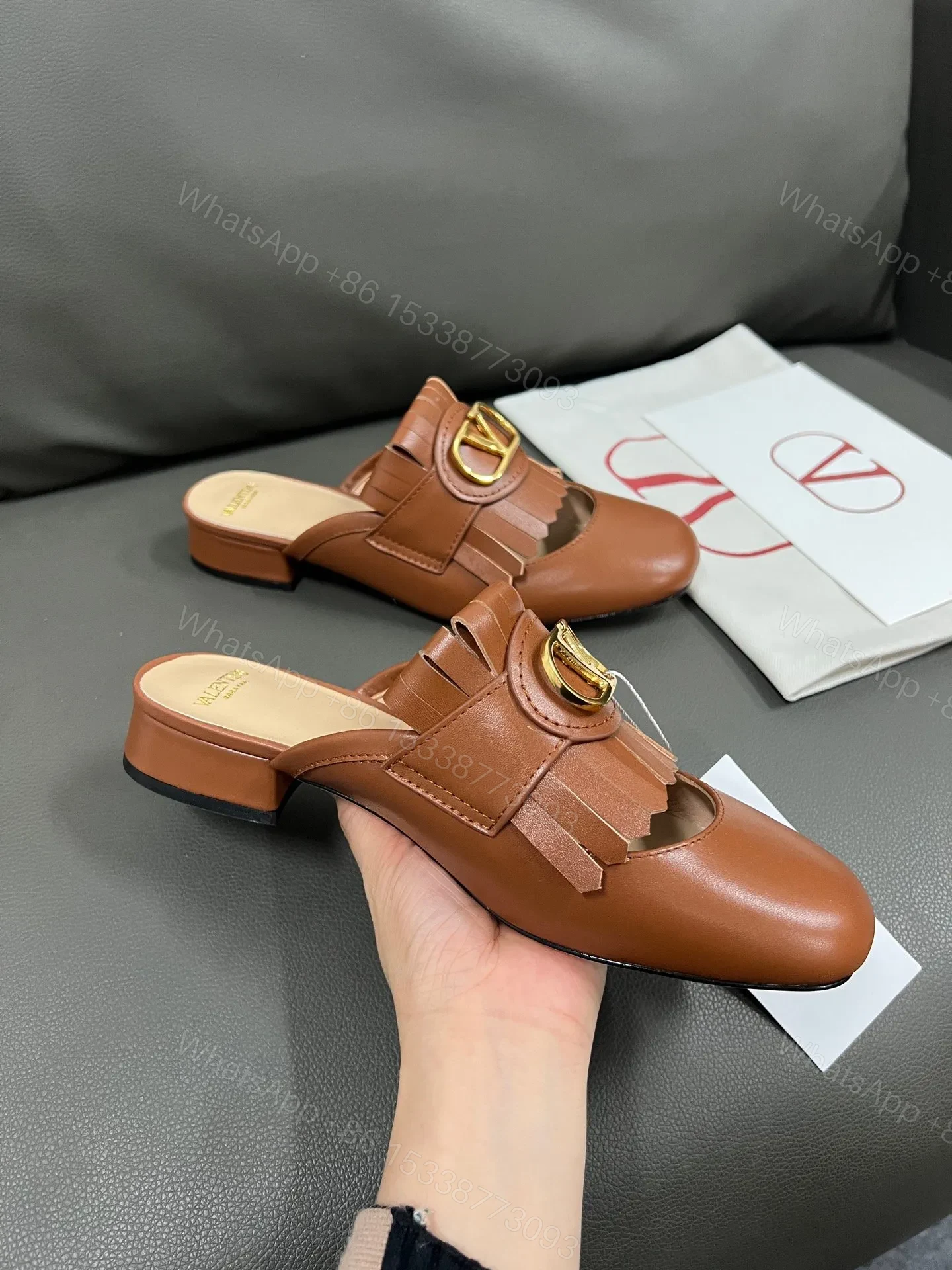 View 6 of Valentino Women Brown Leather Fringe Mules