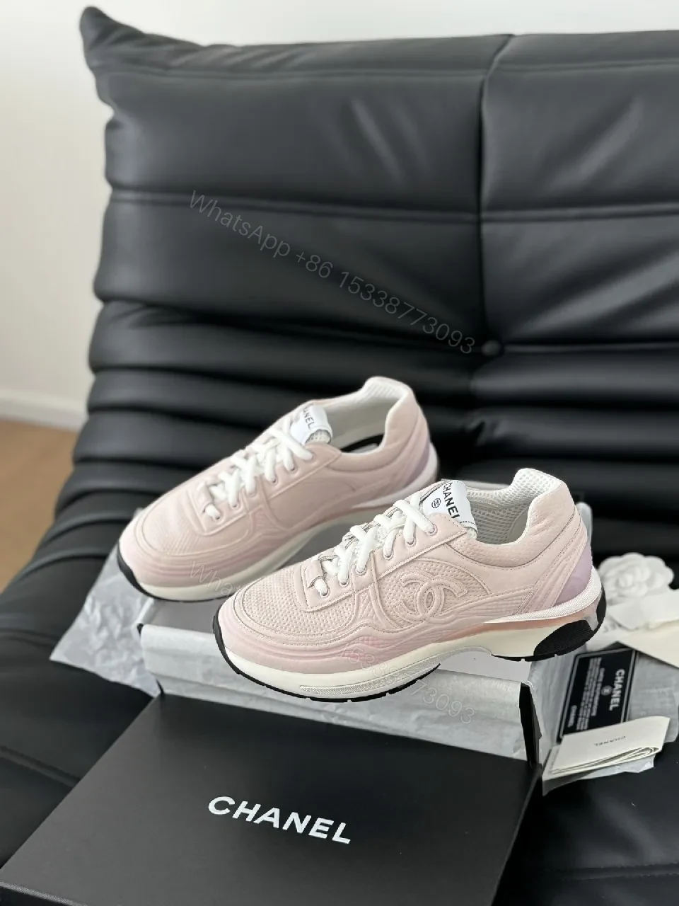 View 4 of Soft Pink Leather Sneaker - Subtle Couture Texture, Everyday Luxe, High-Top