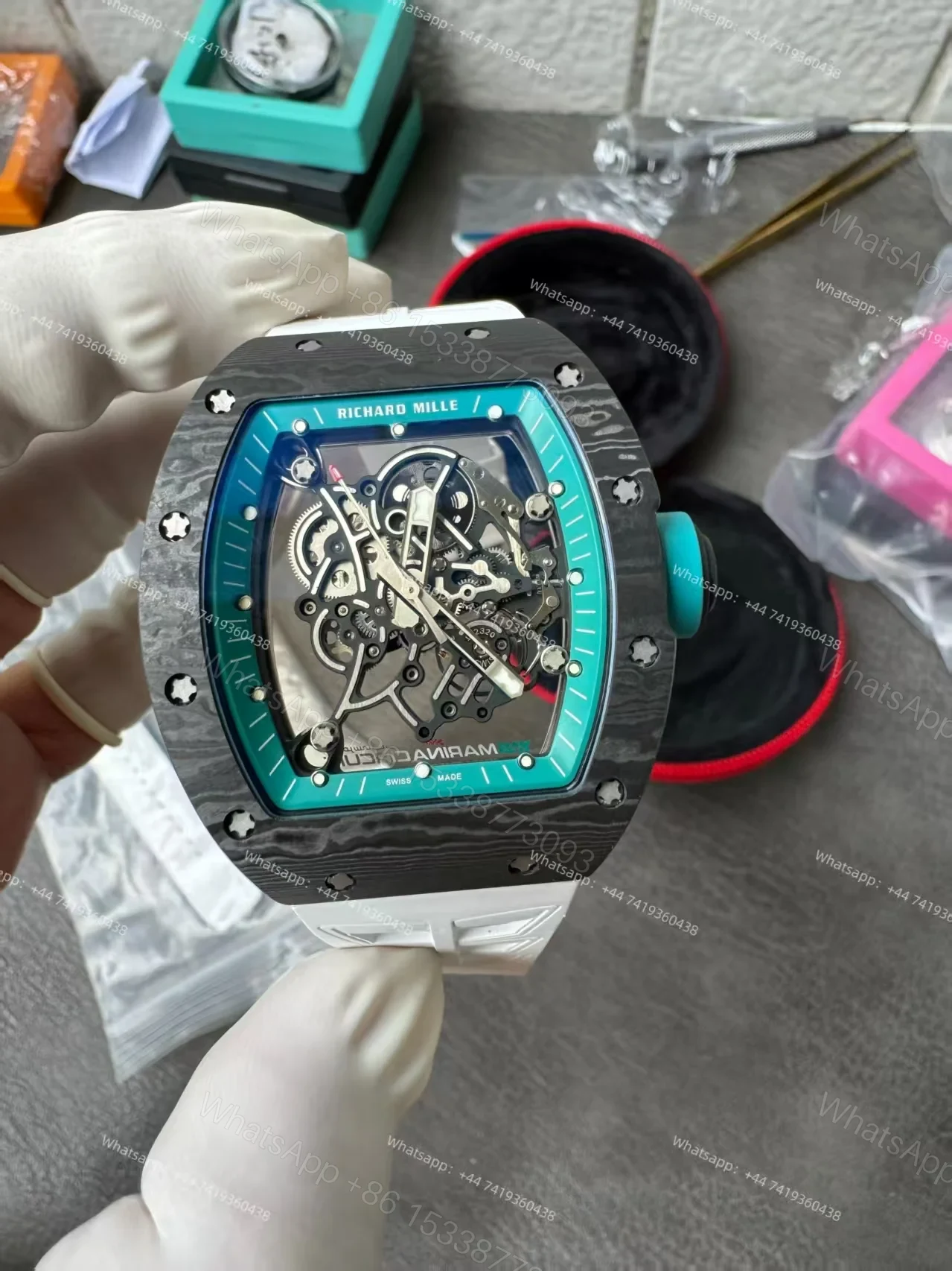 View 19 of Richard Mille RM 055 “Yas Marina Circuit” Carbon TPT Vaucher Free-Sprung White Rubber Strap Custom Super Clone