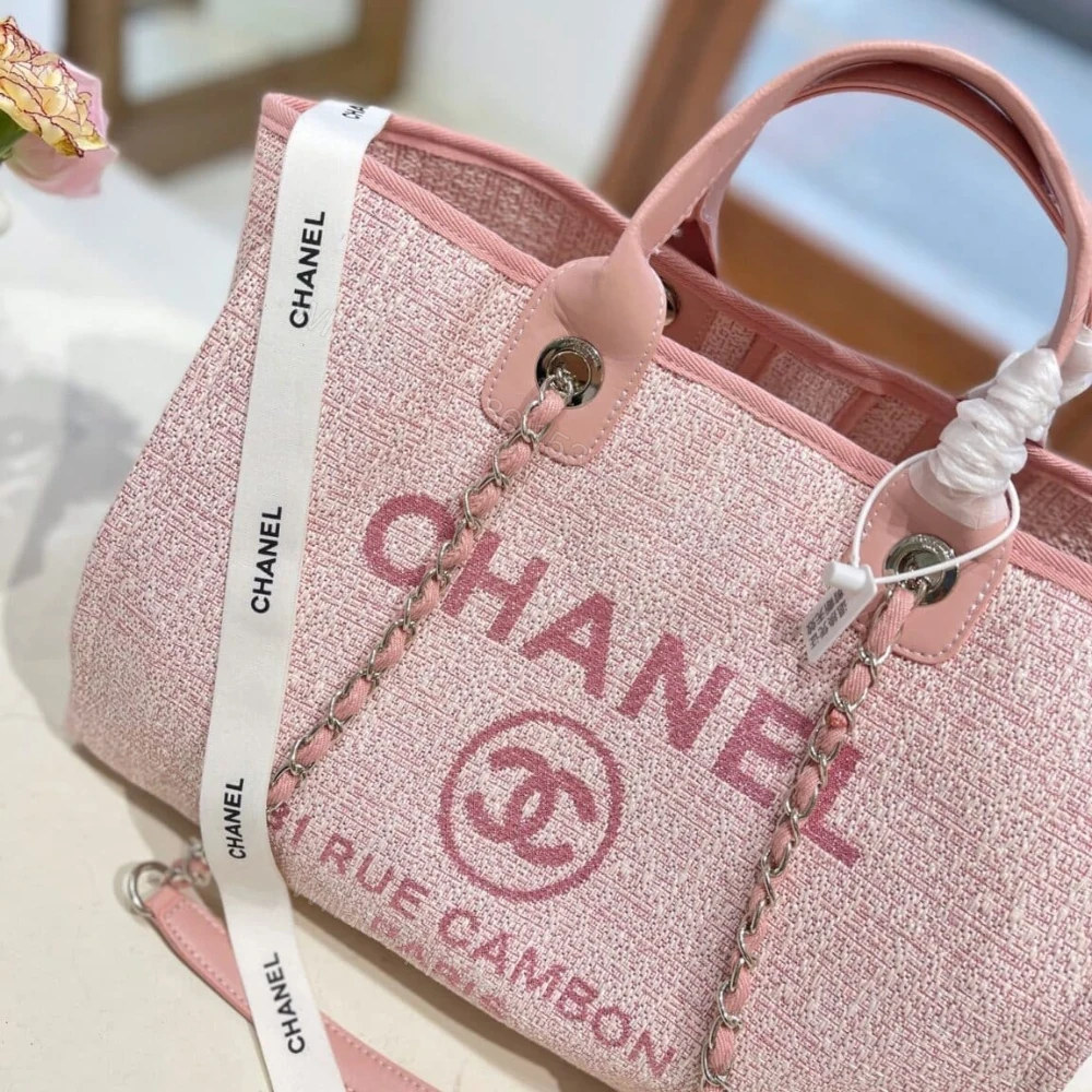 View 3 of Chanel Deauville Shopping Tote Bag Tweed Pink 37Cm