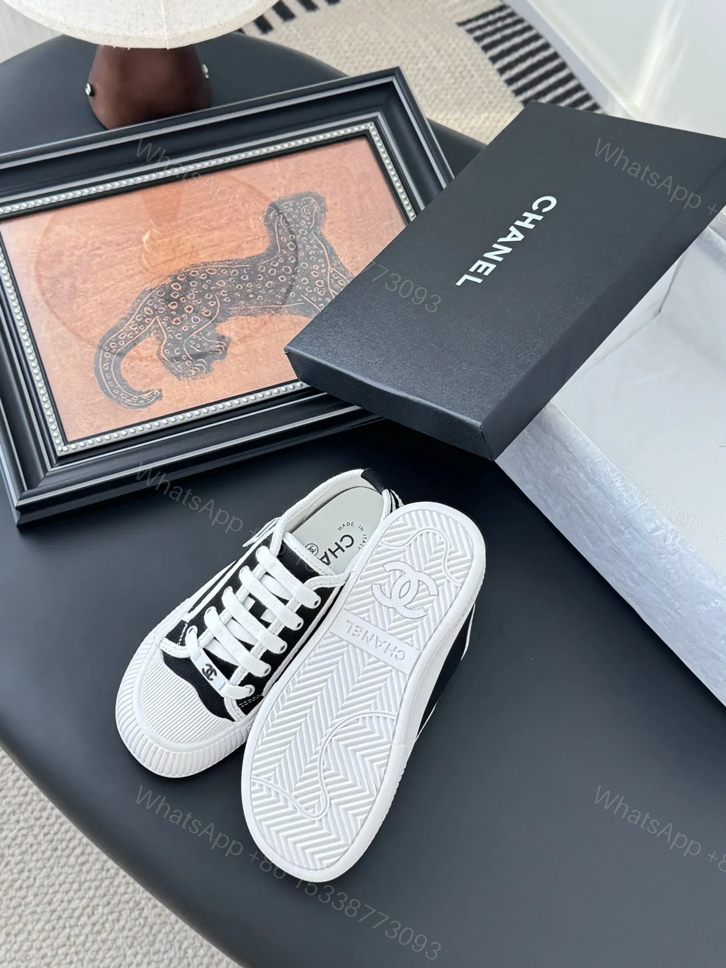 View 5 of Chanel Women Black Canvas White Trim Sneakers