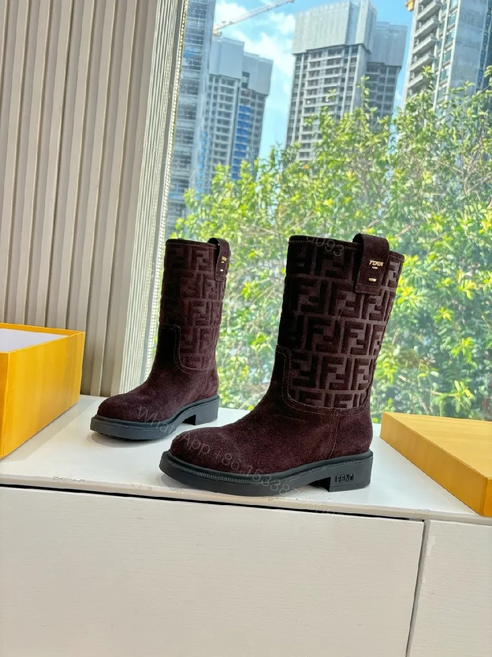 Dark Velvet-Texture Boots with Monogram Detail: Suede, Mid-Calf, All-Season Luxe Shoes — view 1