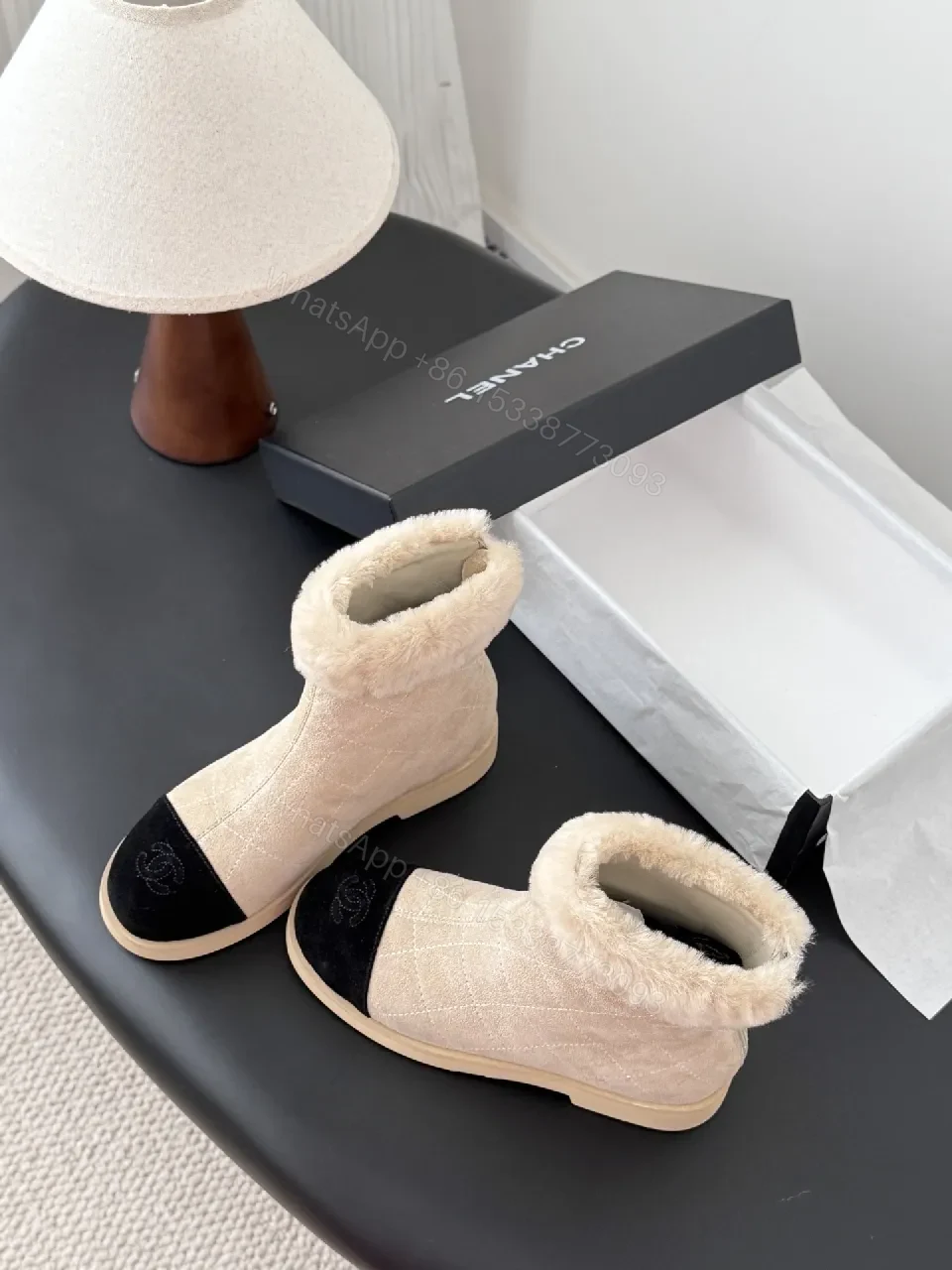 View 9 of Beige Quilted Booties with Black Suede Toe Cap Shine