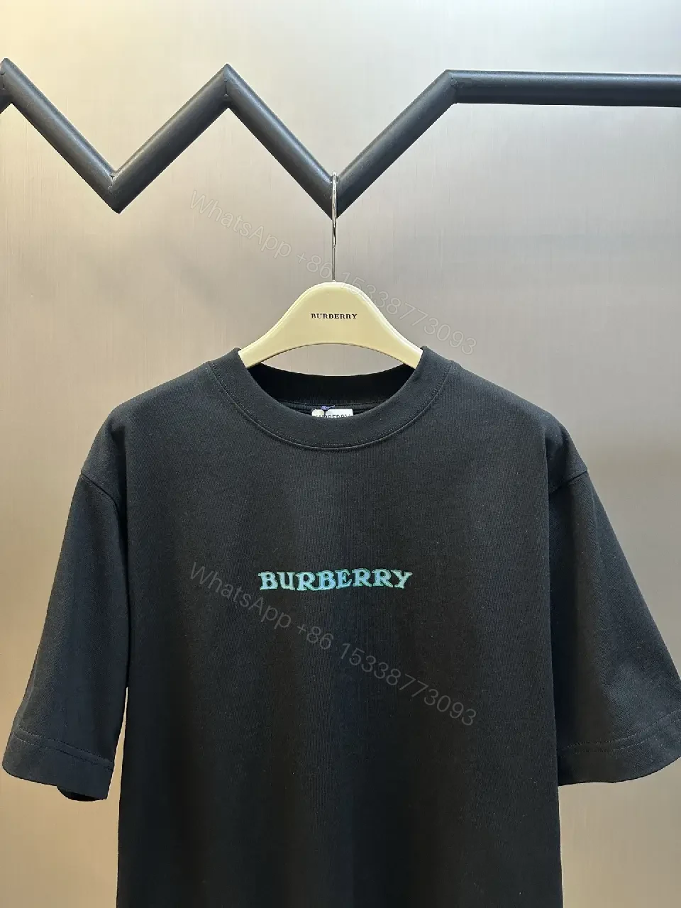 View 3 of Black Knit Oversized Tee Turquoise Burberry Text T-Shirt