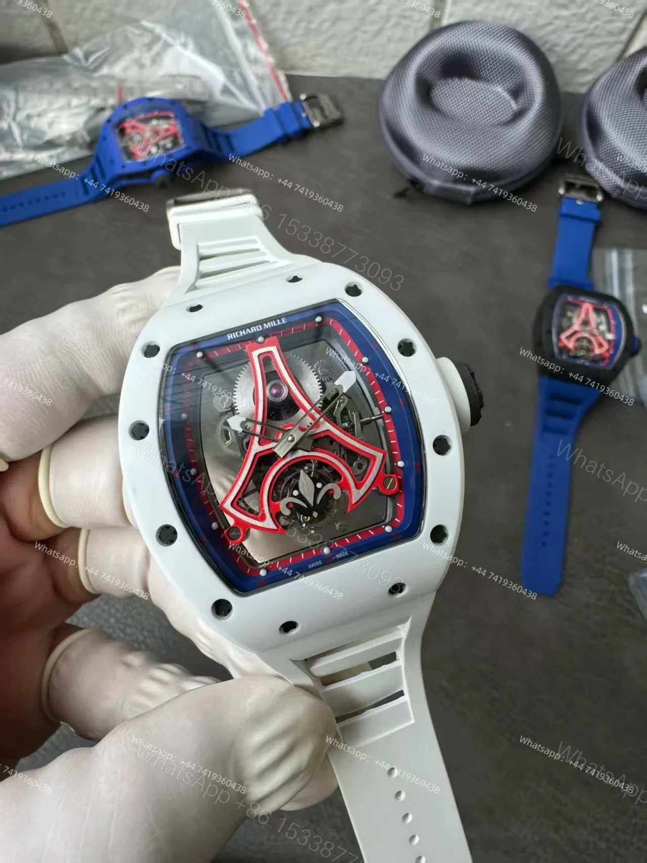 View 10 of Super Clone Richard Mille RM52-03 White Ceramic Paris Saint-Germain Skeleton Tourbillon 1:1 Replica Watch