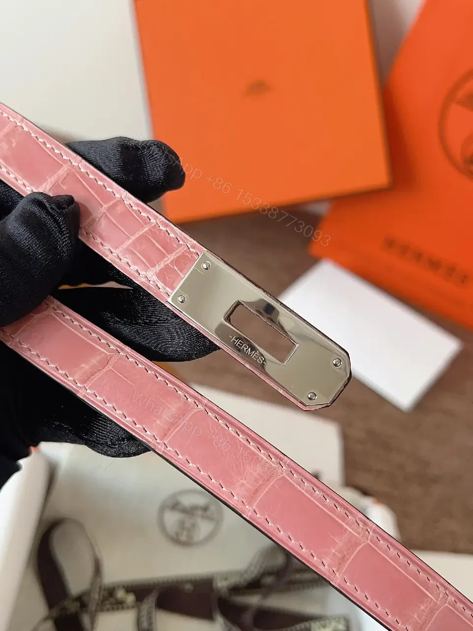 View 3 of Light Pink Croc-Embossed Leather Double-Strap Watch Band