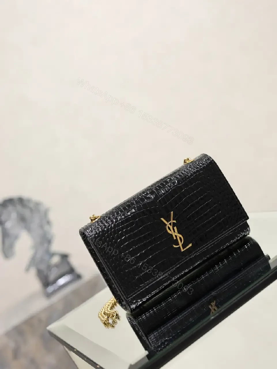 View 5 of Black Crocodile-Embossed Leather Mini Shoulder Bag with Gold YSL Logo