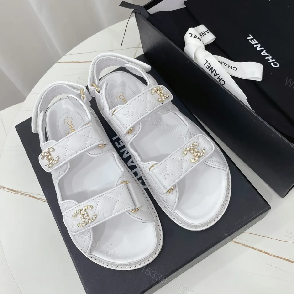 View 8 of White Quilted Leather Sandals with Gold Logo Hardware