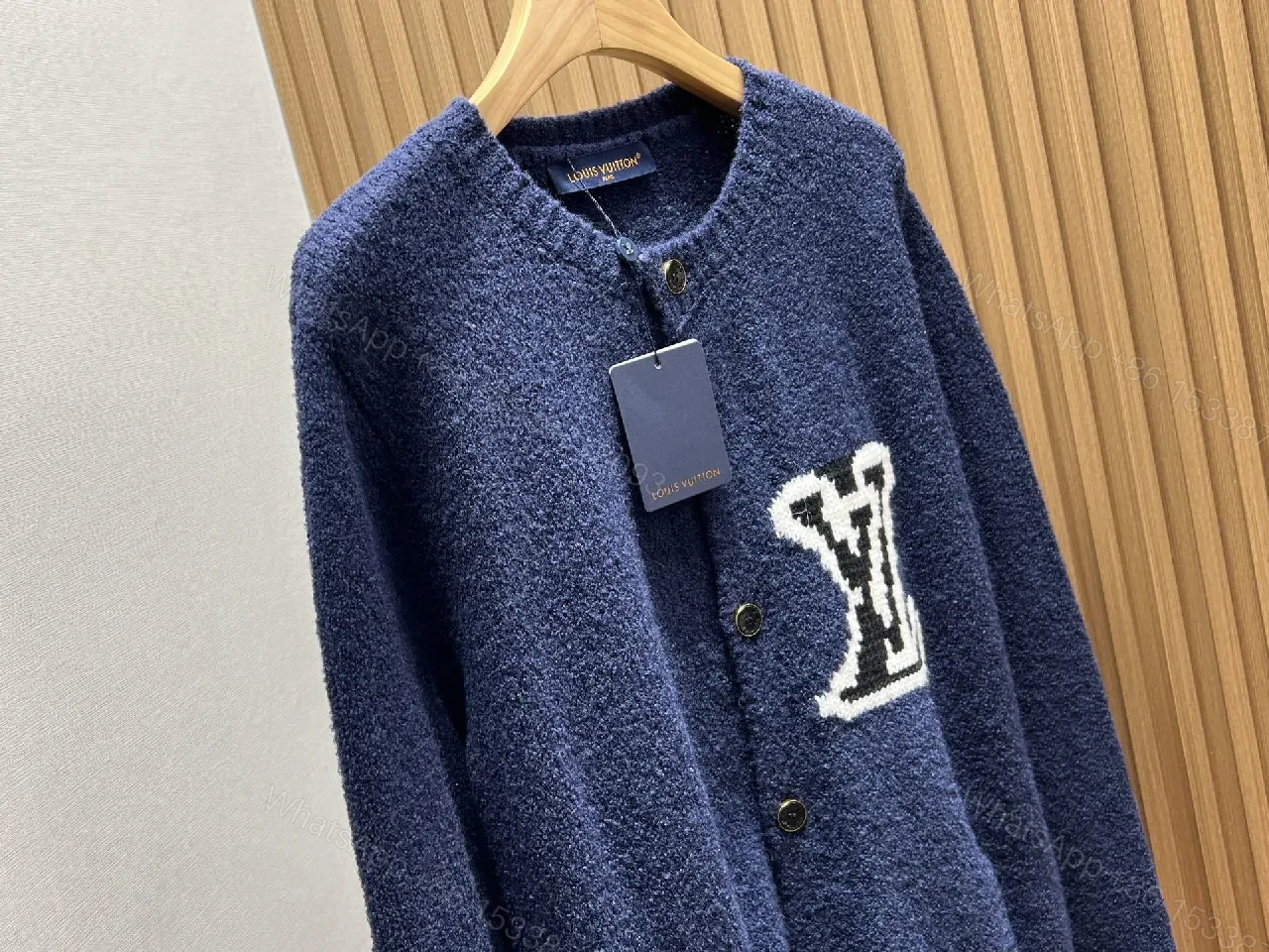 View 5 of Textured Knit Cardigan Navy Bouclé Monogram Accent Luxury Knitwear