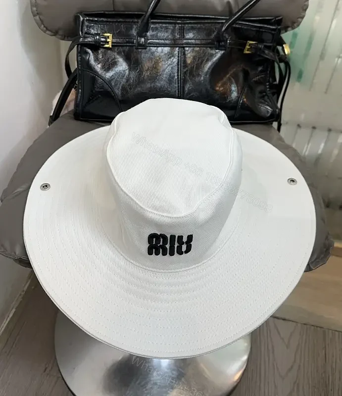 White Cotton Wide-Brim Embroidered Logo Hat — view 1