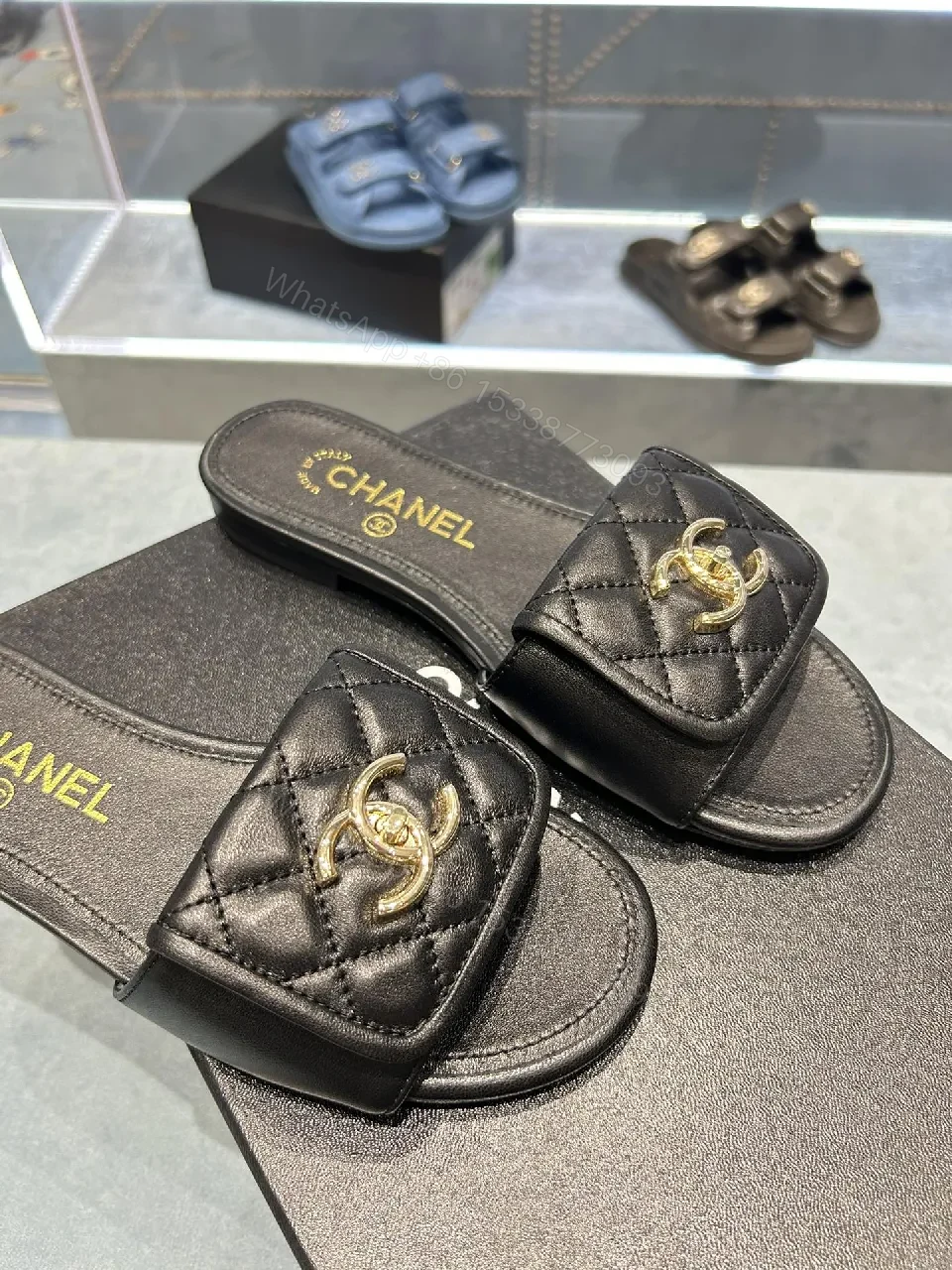 View 9 of Quilted Leather Slides - Luxury Comfort, Gold Logo Detail