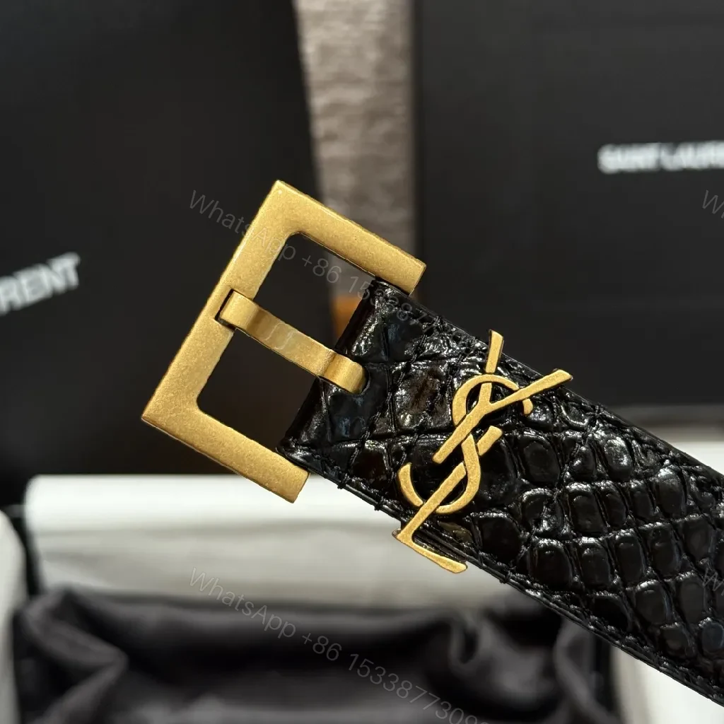 View 9 of Croc-Texture Black Belt with Gold Buckle – Modern Luxury Belt