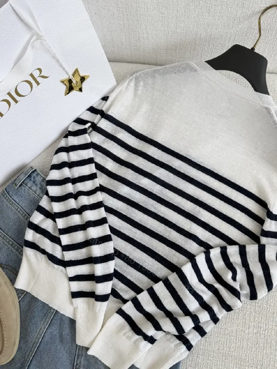 View 5 of Cream Knit Sweater Navy Stripes, Embroidered Bows, Ribbed Crewneck