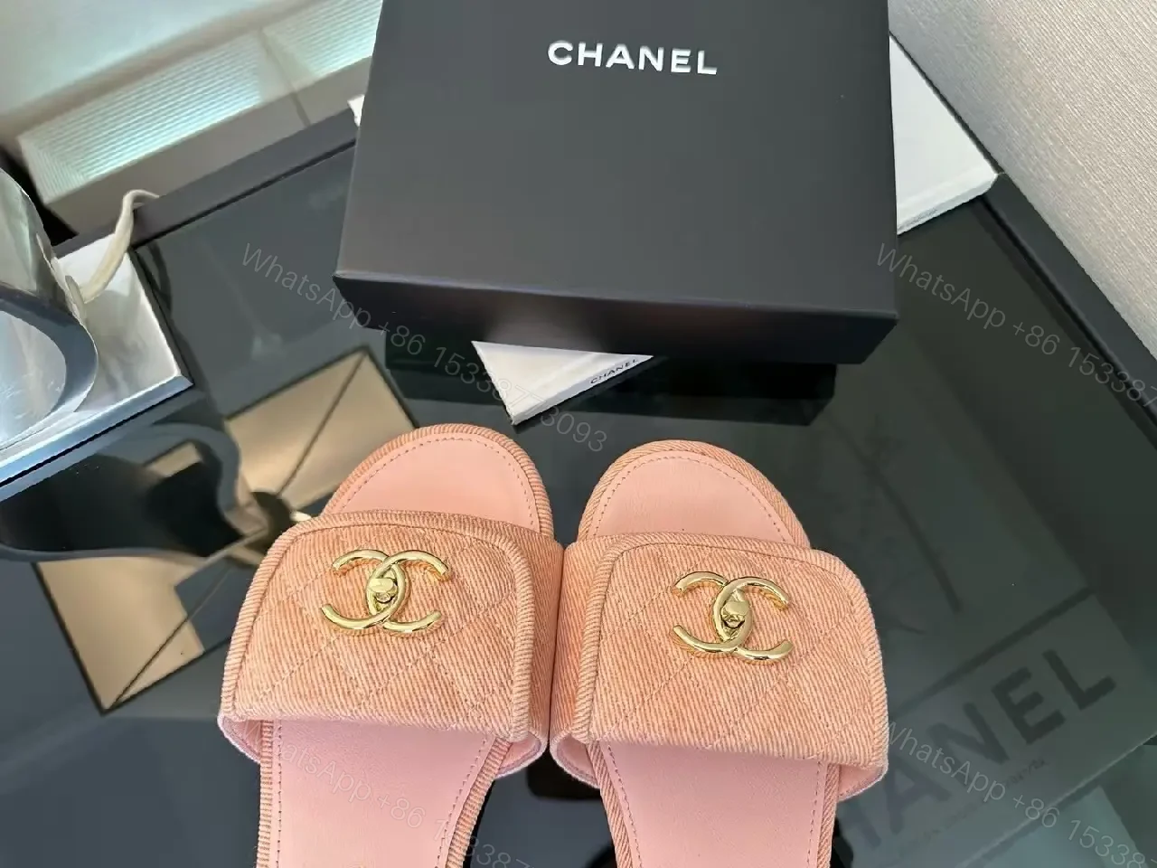 View 2 of Soft Pink Slip-On Sandals with Gold Logo – Luxury Comfort