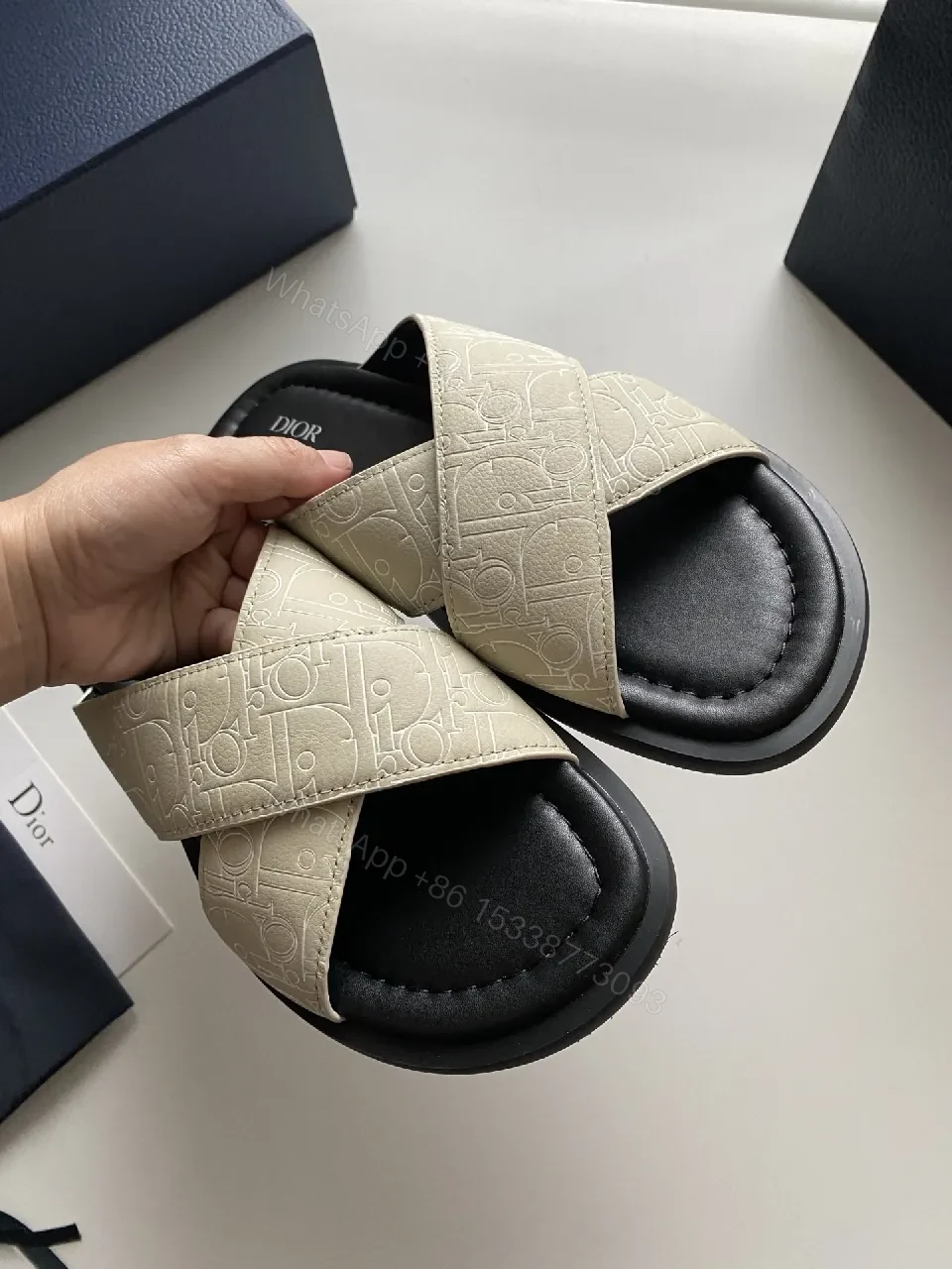 View 5 of Beige + Leather + Minimalist + Cushioned Comfort + Slides