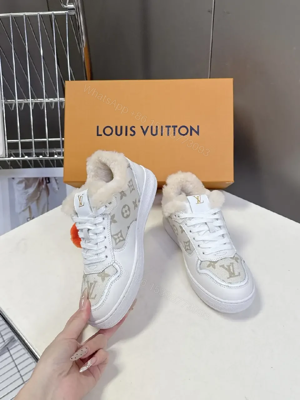 View 7 of White Leather Fur-Trim High-Top Sneakers + Plush Detail