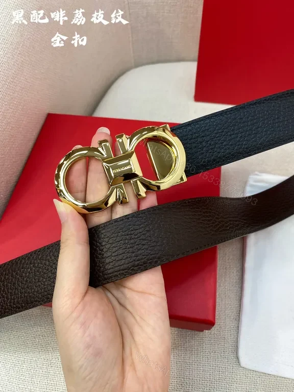 View 2 of Bold Texture Black Leather Belt with Gold Ferragamo Hardware