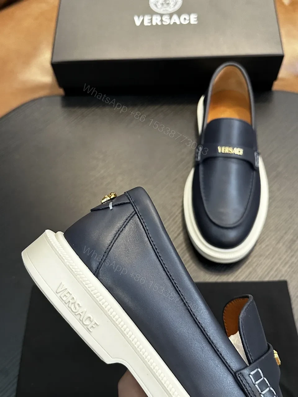 View 9 of Navy Leather Driver Loafers with Gold Hardware Details