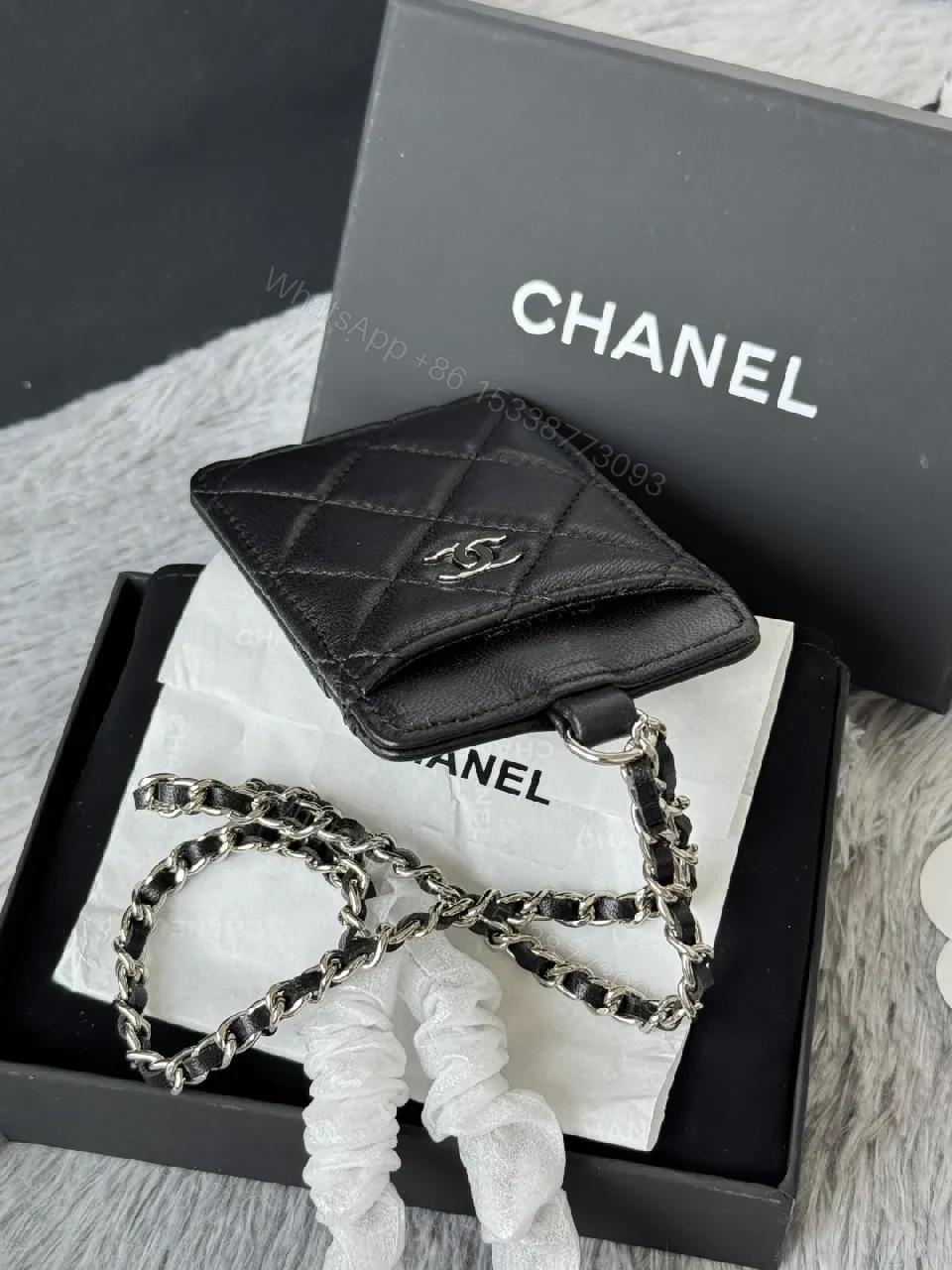 View 5 of Quilted Leather Cardholder with Chain Strap – Black, Luxe Style