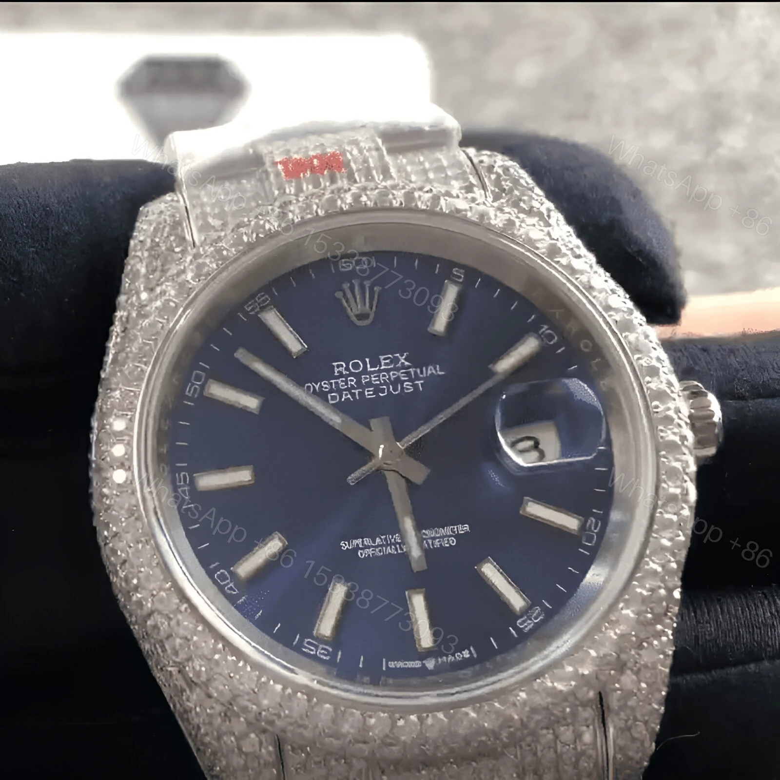 View 3 of Rolex Datejust White Gold Blue Dial Iced Out 126300 Replica