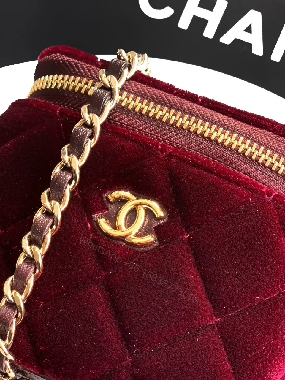 View 4 of Burgundy Velvet Chain Bag with Gold Accents, Compact Luxury