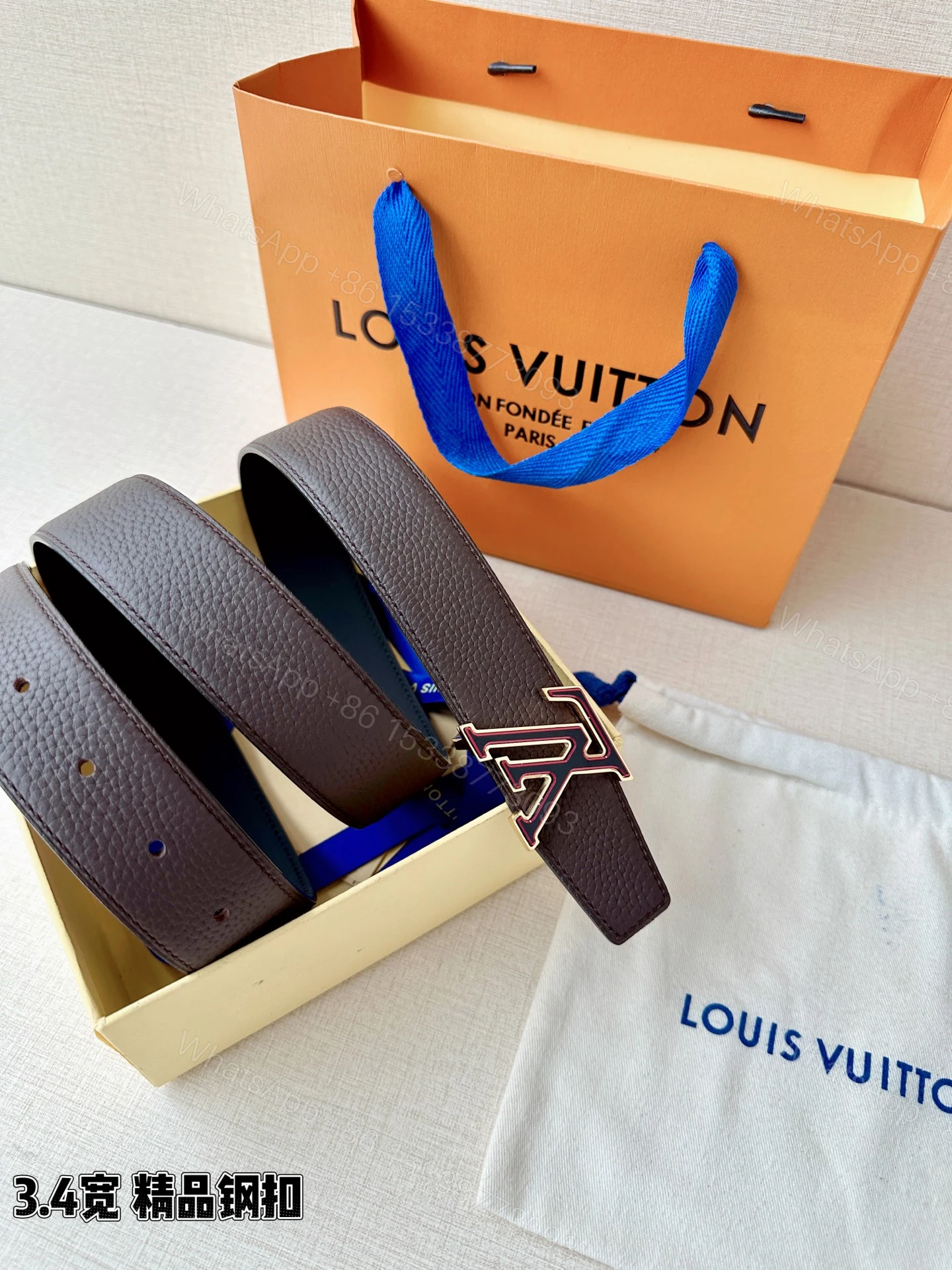 LV 高仿 男款 咖啡色雙面LV扣皮帶 3.4cm復古質感精品款 — view 1