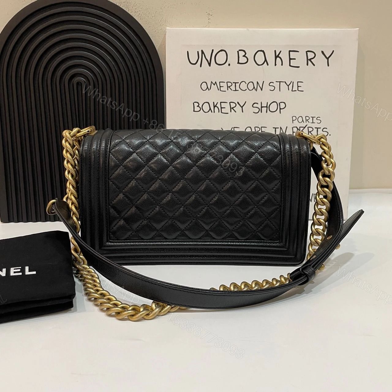 View 2 of Chanel Boy Handbags Pebbled Leather Black 25.5cm