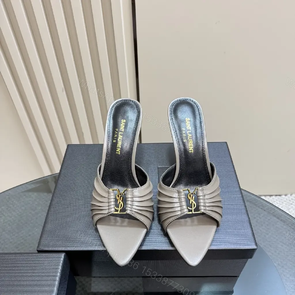 View 4 of Taupe Leather Pleated Mules: Slim Stiletto Comfort