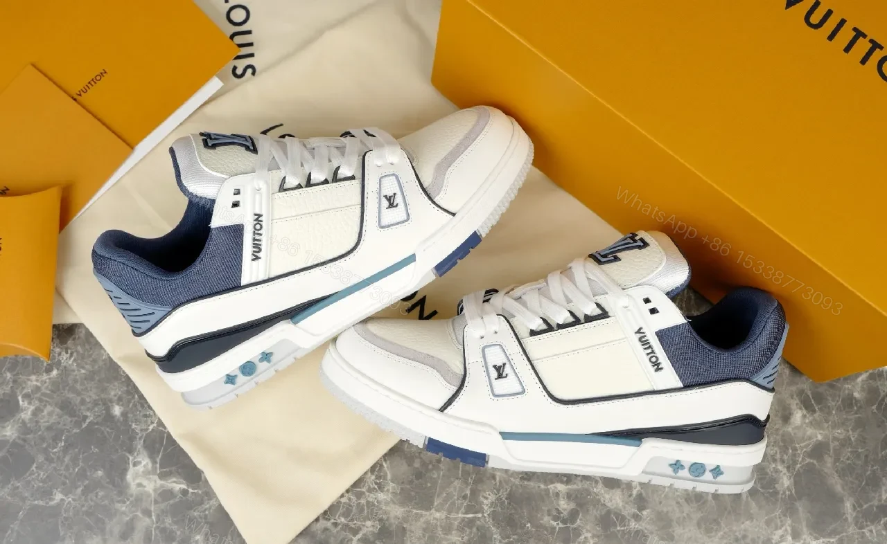 View 5 of Bright White Navy Lux Sneaker: Modern Comfort & Subtle LV-Inspired Details