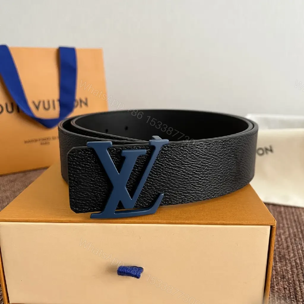 View 8 of Black Belt with Blue LV Logo Buckle, Pebbled Leather, Classic Style