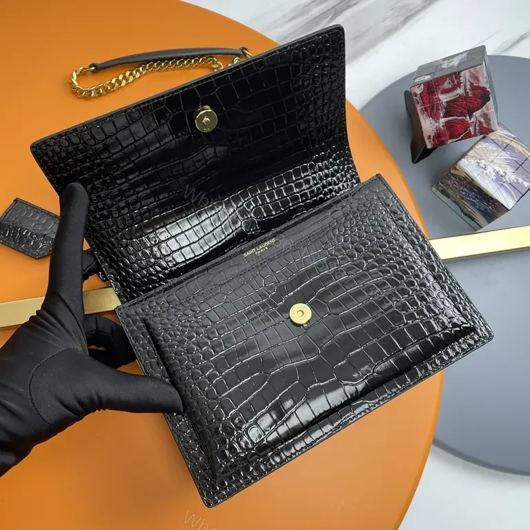 View 4 of Croc-Texture Black Leather Shoulder Bag with Gold Logo