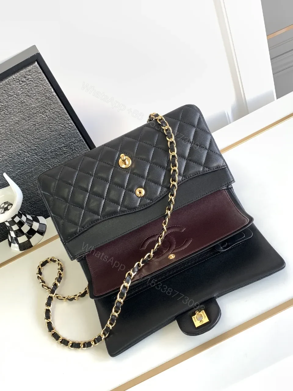 View 8 of Chic Quilted Black Leather Flap Bag with Gold Chain