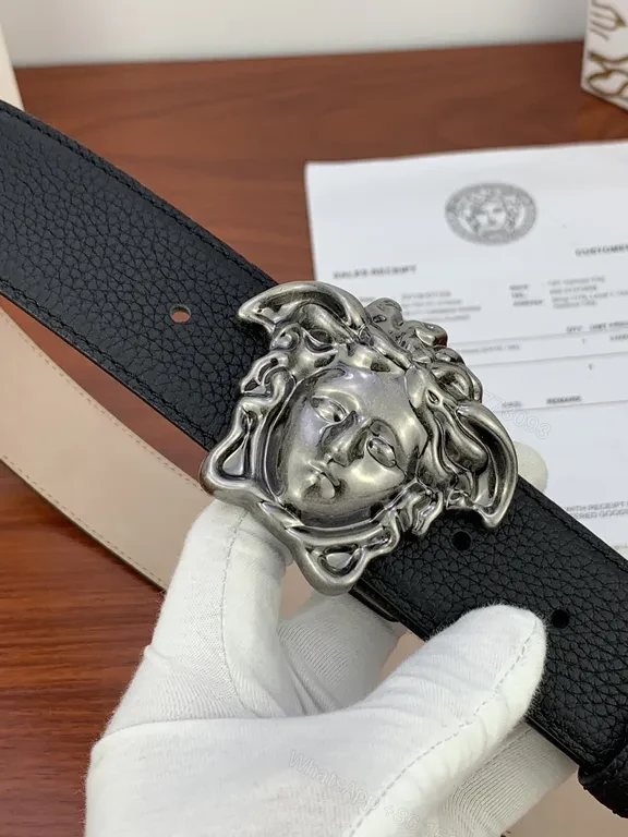 View 8 of Medusa Buckle Leather Belt - Luxury Gold Accent, Versace-inspired Style