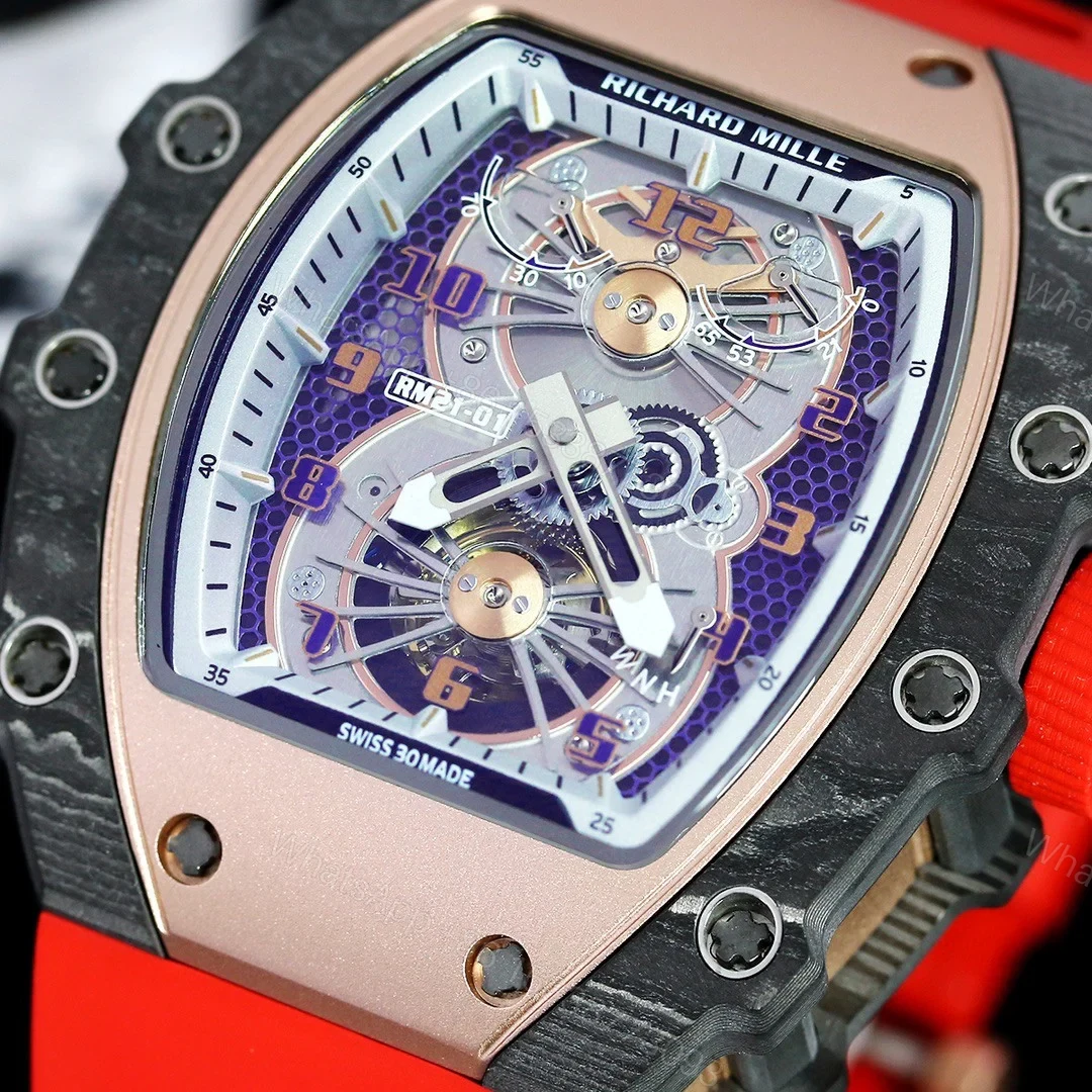 View 6 of Richard Mille RM21-01 Automatic Skeleton Watch 40MM Carbon Fiber Case Red Strap Aerospace Structure 20 Keyway Screws Premium Edition RM-RM21-01-CF-RED-SKL-40