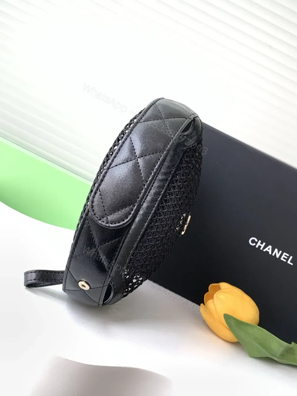 View 4 of Compact Mesh Satchel — Leather Trim, Gold Emblem, Everyday Luxe