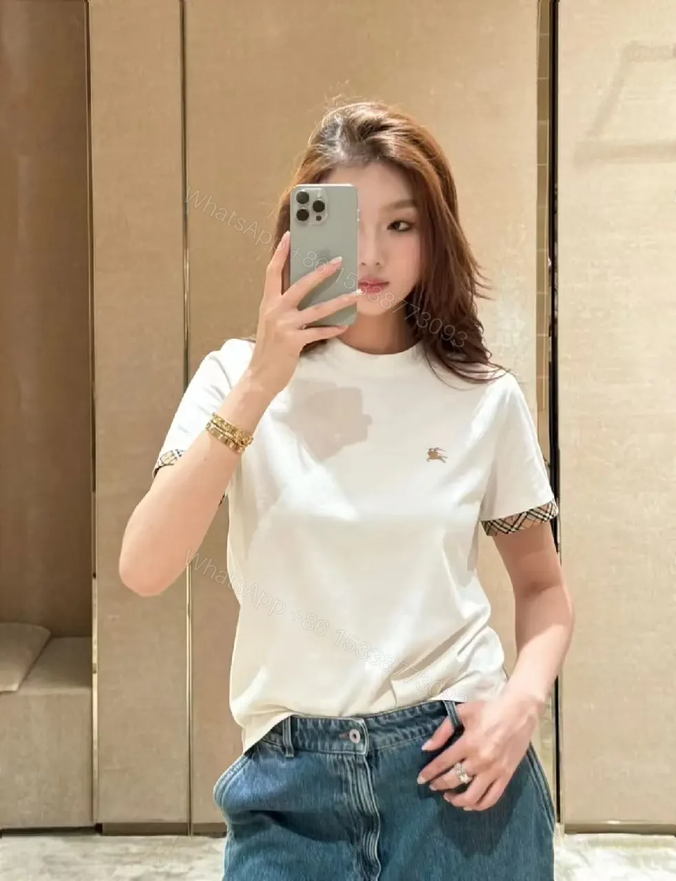 View 6 of White Cotton T-Shirt with Plaid Trim, Crewneck, Short Sleeves