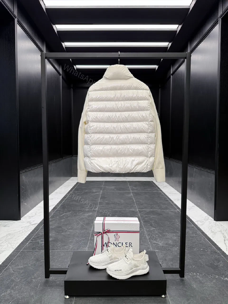 View 6 of Lightweight Off-White Puffer Jacket with Knit Sleeves Fusion
