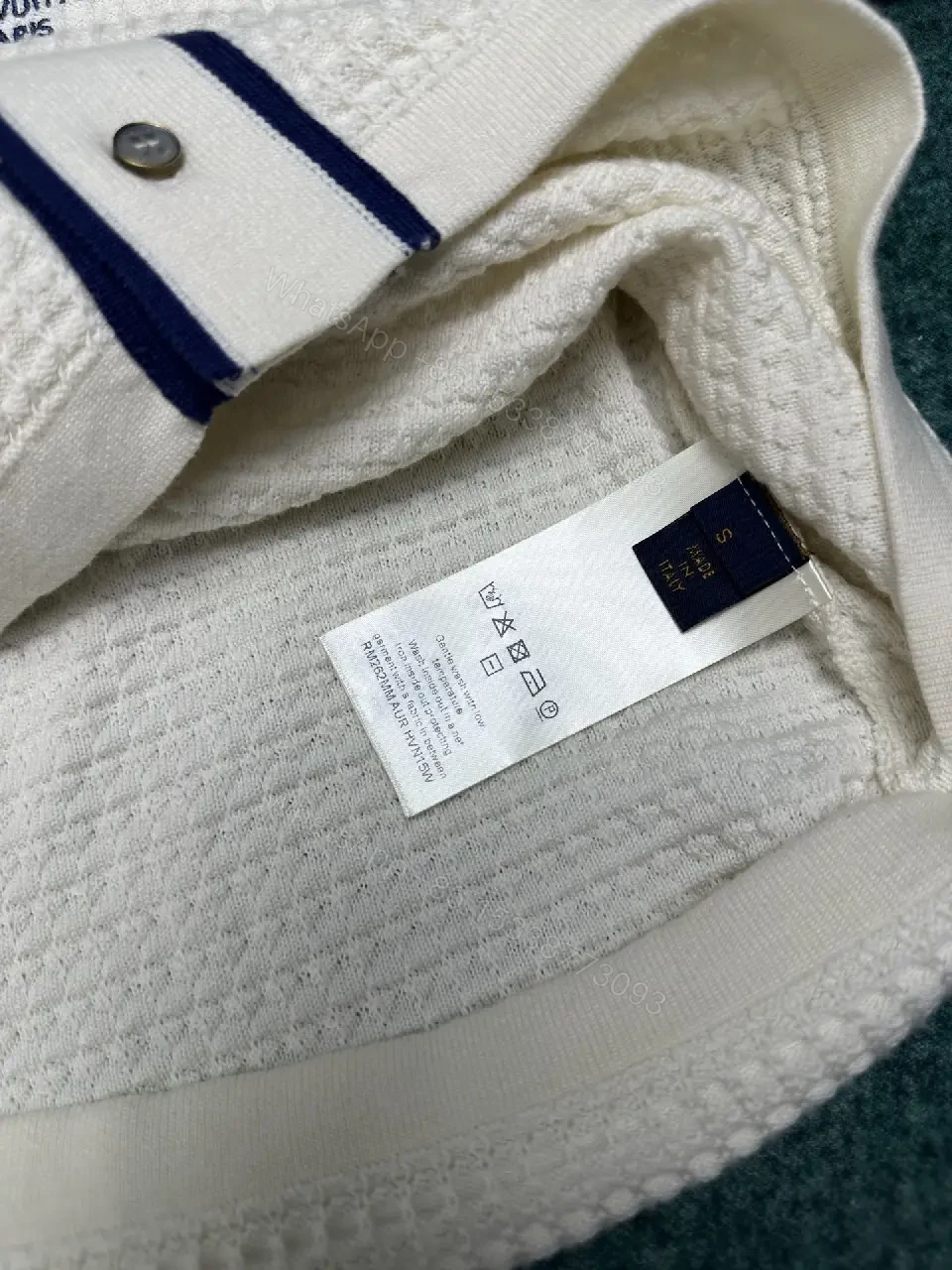 View 5 of Off-White Shirt Textured Weave Navy Piping Pocket Logo Button-Up