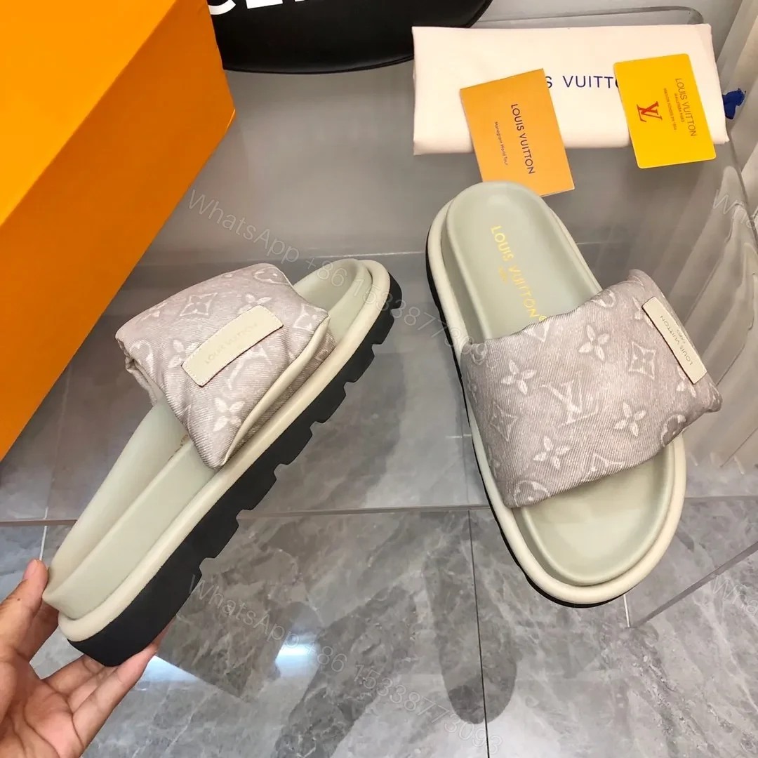 View 2 of LV Women Light Gray Fabric Slides Sandals