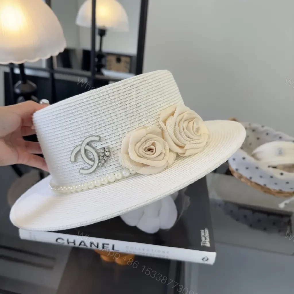 View 9 of White Straw Hat, Elegant Chic Fedora, Pearl Band, Roses, Chanel Charm, Wide-Brimmed Hat