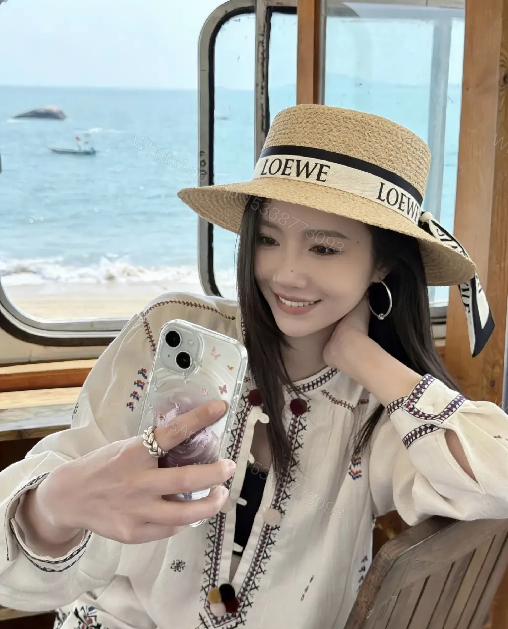 View 7 of Light Beige Straw Boater Hat with Ribbon Bow - LOEWE Style