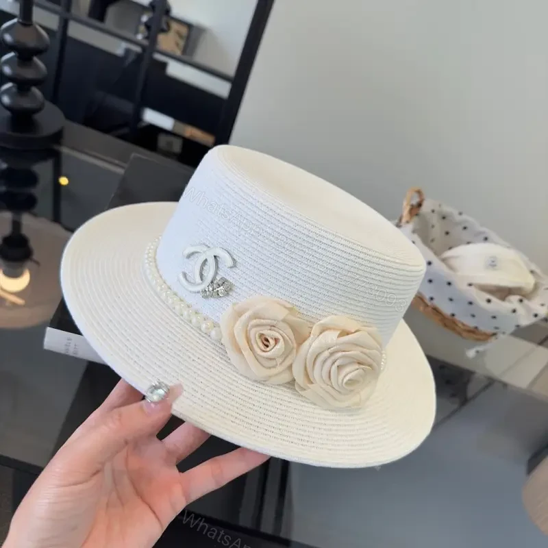 White Straw Hat, Elegant Chic Fedora, Pearl Band, Roses, Chanel Charm, Wide-Brimmed Hat — view 1