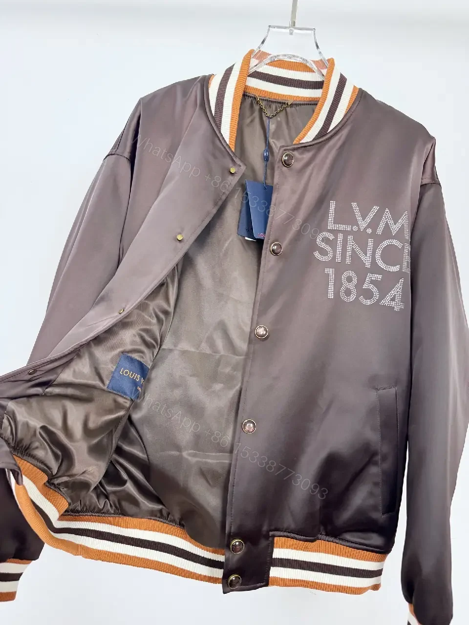View 8 of Satin Varsity Jacket with Rhinestone Crest Trim