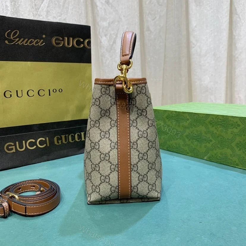 View 4 of Gucci GG Emblem Mini Bucket Bag Beige And Dark Brown ‎21Cm