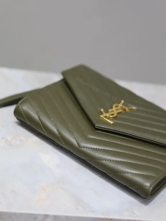 View 3 of Structured Quilted Wallet on Chain - Matte Olive, Gold Hardware